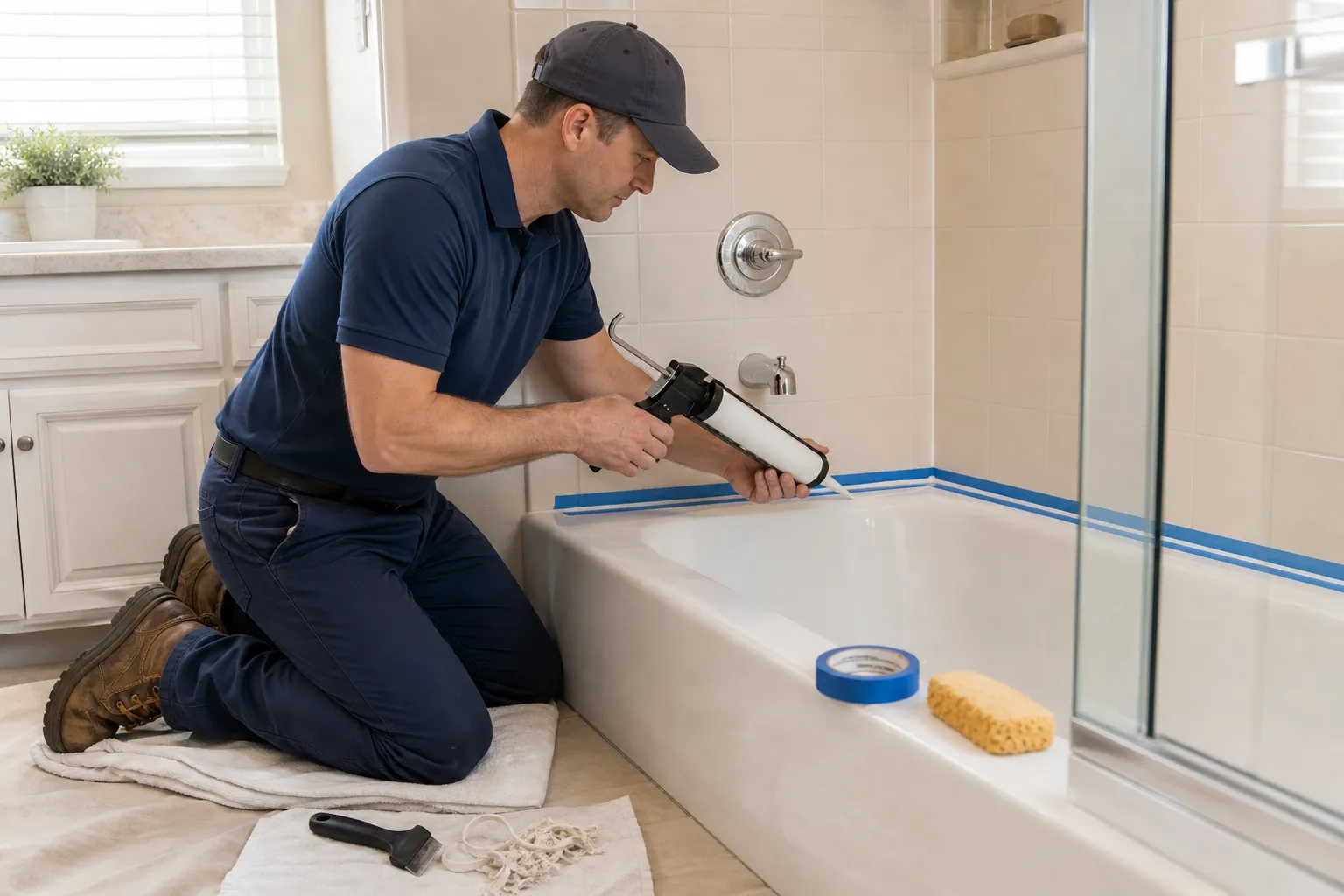 Handyman running a fresh bead of caulk along a bathtub joint between lines of painter's tape