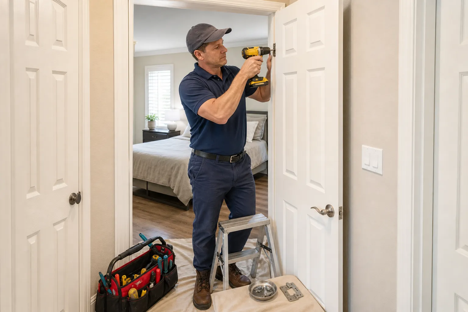 Handyman tightening the hinge screws on an interior door
