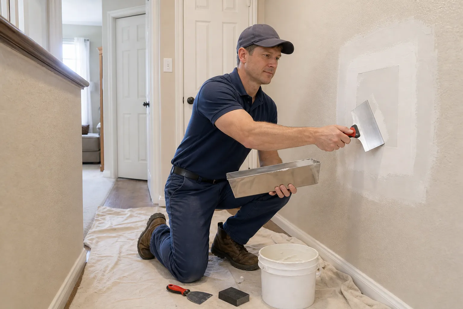 Handyman feathering joint compound over a drywall patch with a taping knife