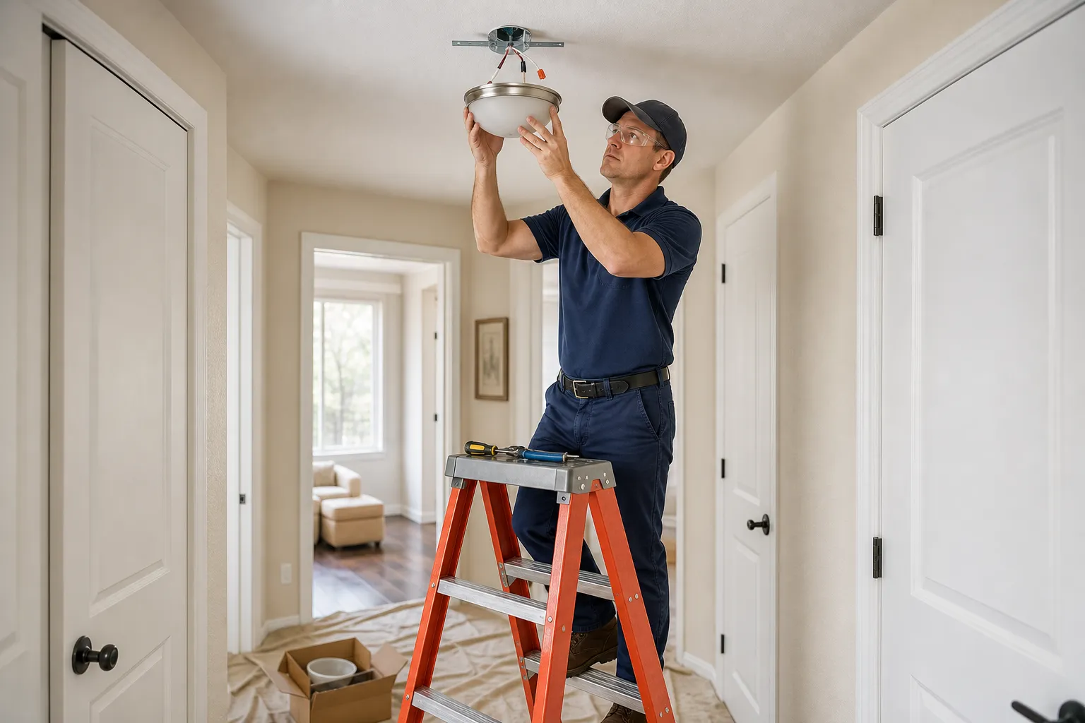 Handyman on a step ladder installing a ceiling light fixture