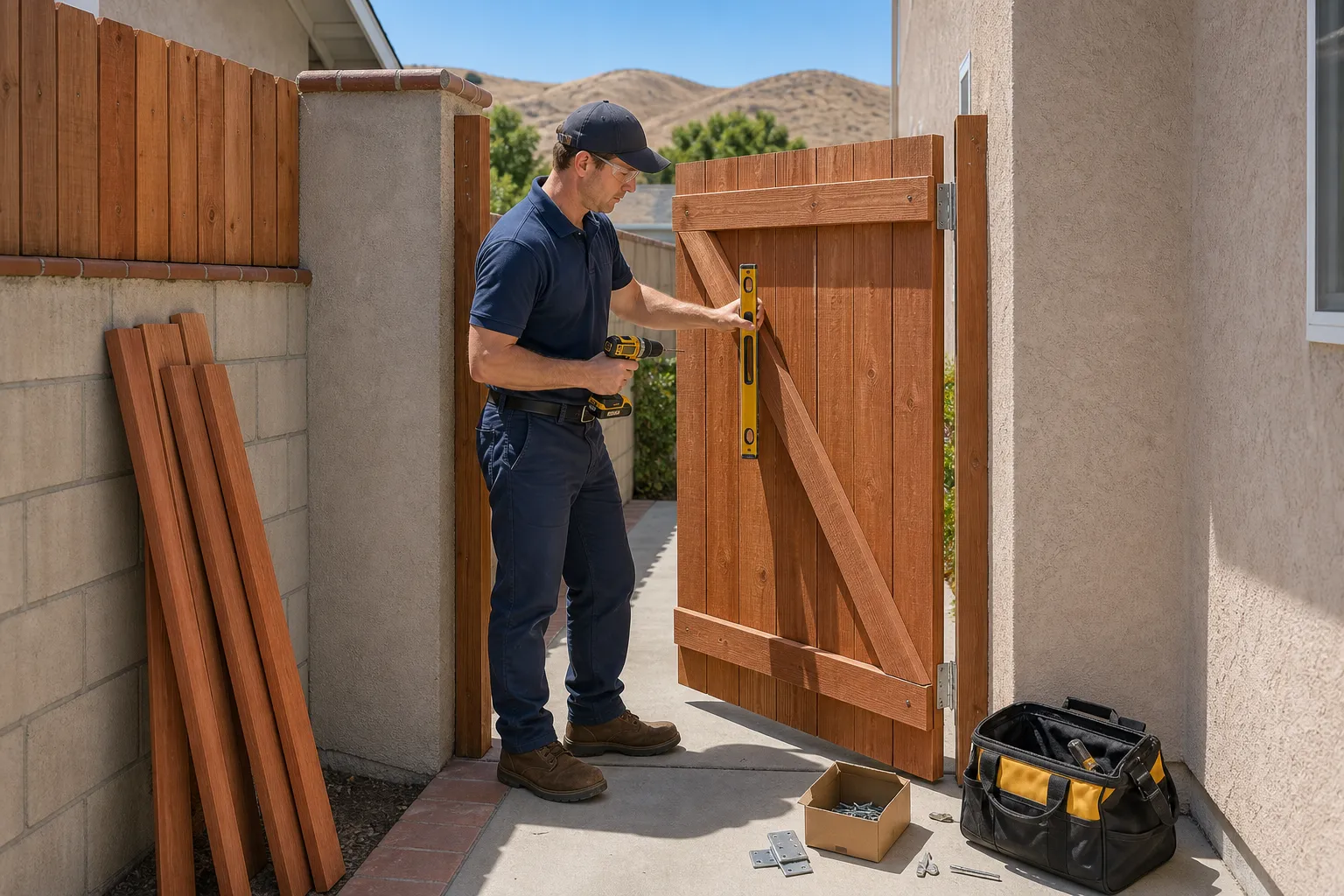 Handyman checking a wooden side-yard gate post for plumb with a level