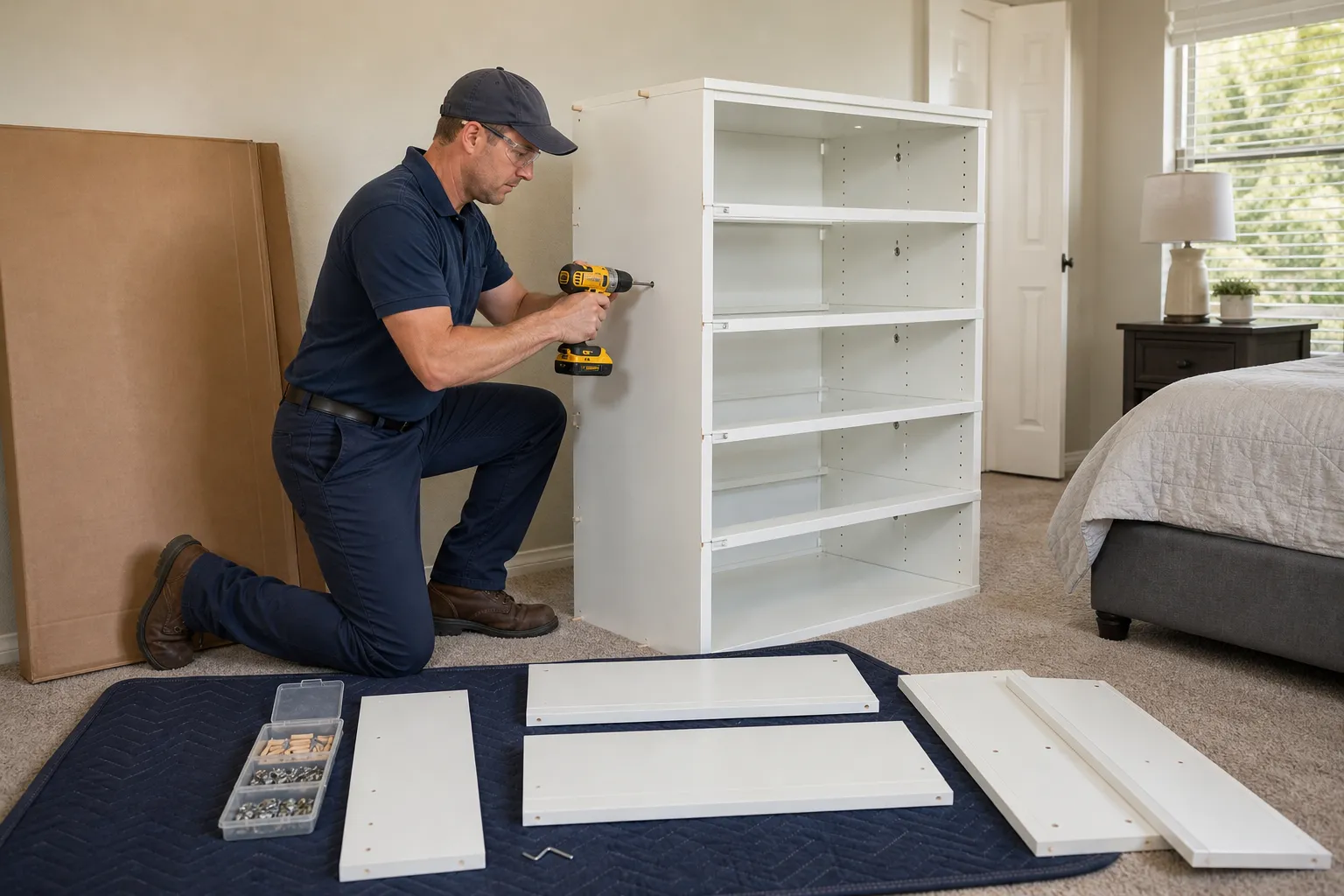 Handyman assembling a white six-drawer flat-pack dresser in a bedroom