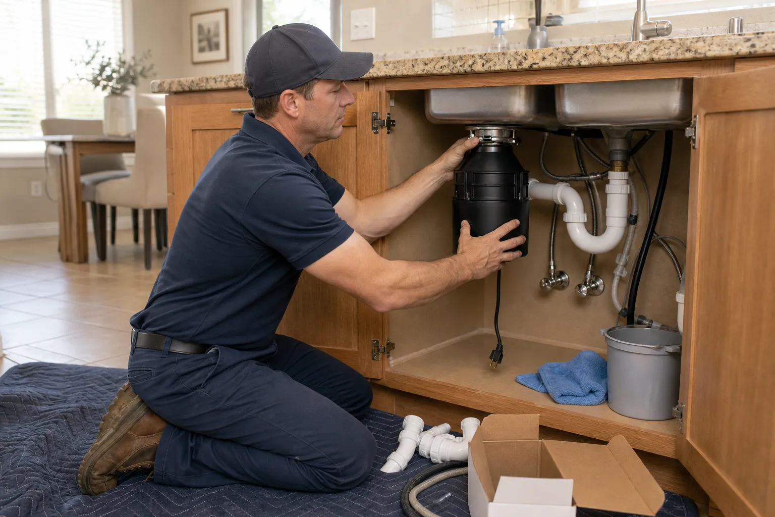 Handyman hanging a new garbage disposal on its mounting ring under a kitchen sink