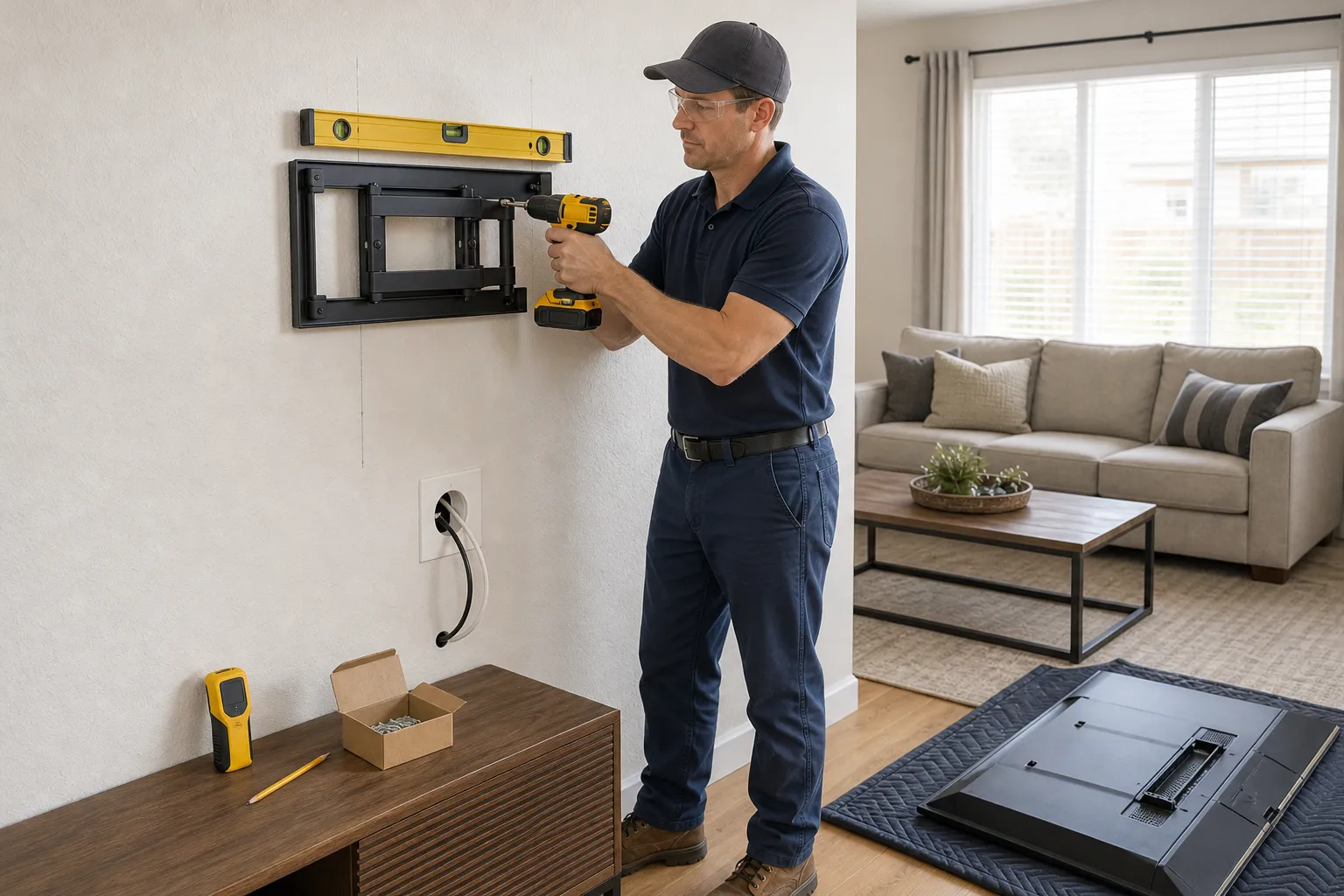 Handyman fastening a TV wall mount into a stud