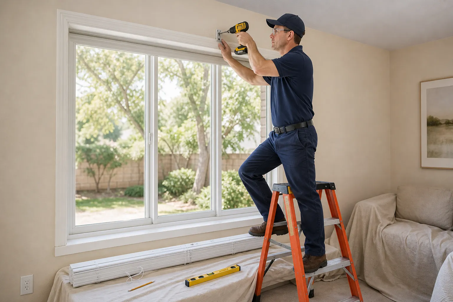 Handyman installing a faux-wood blind inside a window frame